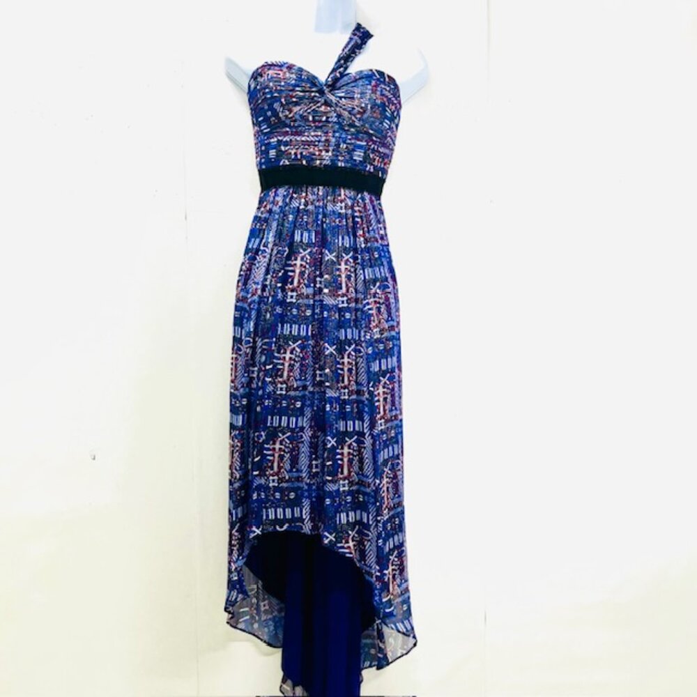 BCBGMAXAZRIA Women Long Cocktail Party Evening Dress Blue Silver Floral( #1 - Picture 2 of 13